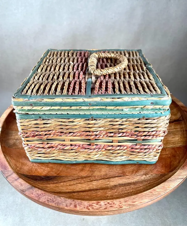 Vintage Wicker Green Red Brown Sewing Basket Filled with a Variety of Buttons