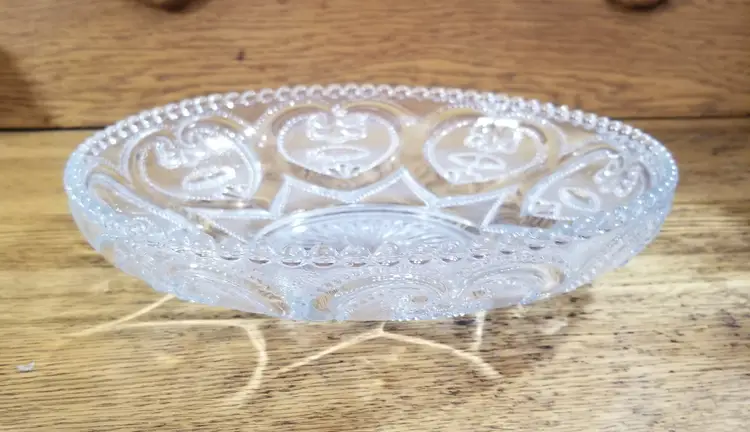 Antique Dugan Glass Jeweled Heart Bowl 1905 Early Pressed Glass 9” Clear