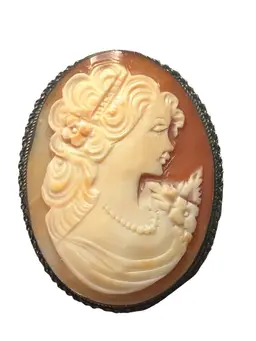 Vintage Carved Shell Cameo Brooch Pendant in Sterling Silver — Woman with Flowers, Signed, 925 Frame