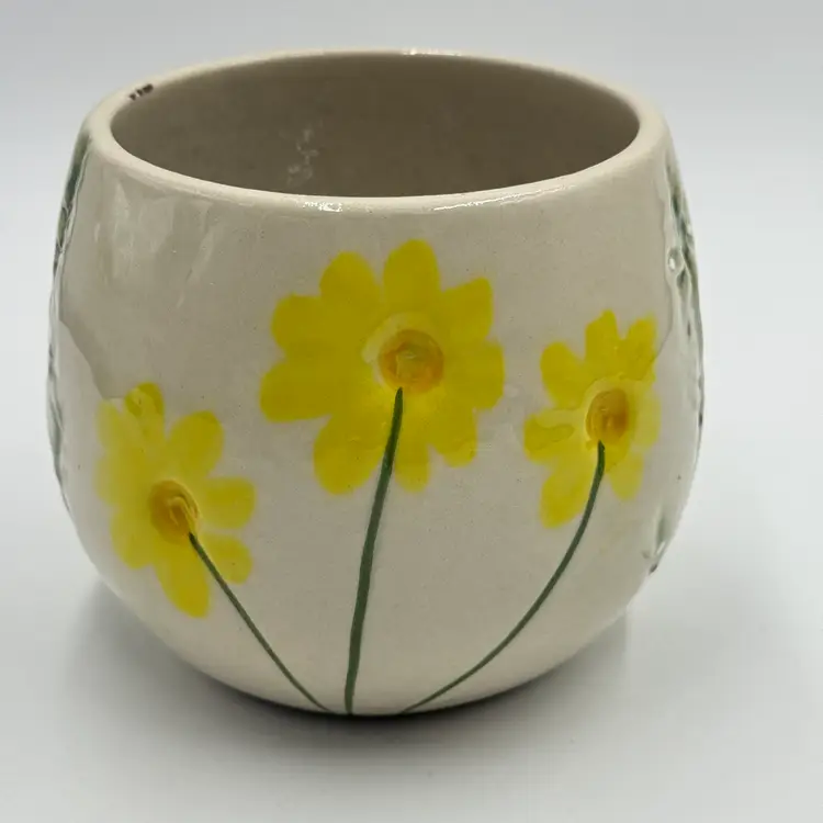Art Pottery Ceramic Textured Multicolor Yellow Pink Green Flowers Planter Pot