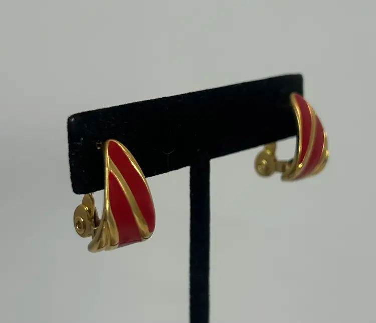 Vintage Monet Gold Tone Red Enamel Clip on Earrings