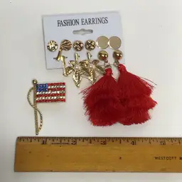 6 Pairs Of Gold Tone Pierced Earrings & Rhinestone American Flag Brooch