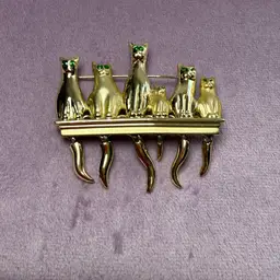 Vintage AJC Gold Tone Cats on A Wall Articulated Brooch Pin Green Eyes