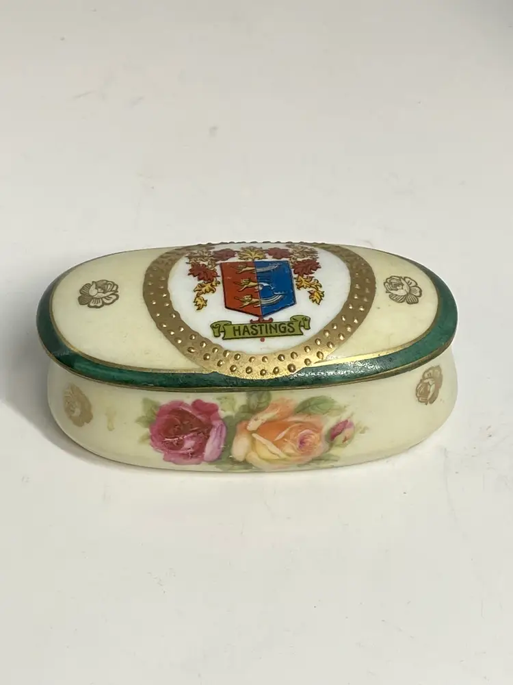Vintage Hand Painted Porcelain Trinket Box w/ "Hastings" Coat of Arms