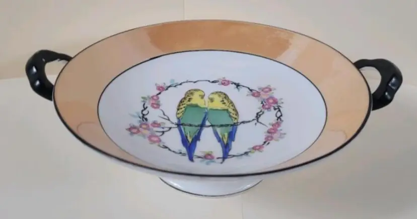 Vintage Noritake Art Deco Lusterware Pedestal Bowl featuring Hand-painted Loving Parakeets Surrounded by Floral Garlands