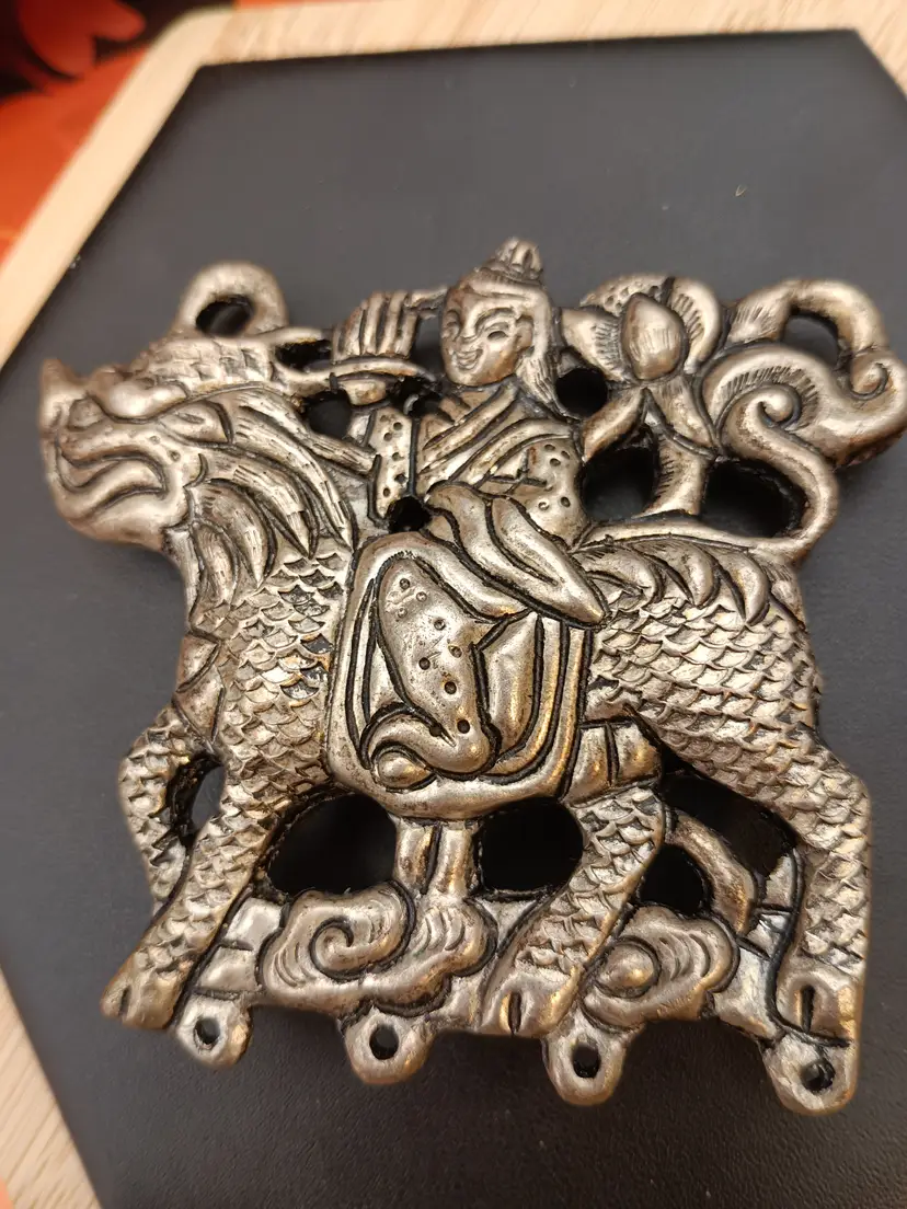 Vintage Chinese Reproduction Pewter Boy on Qilin Pendant