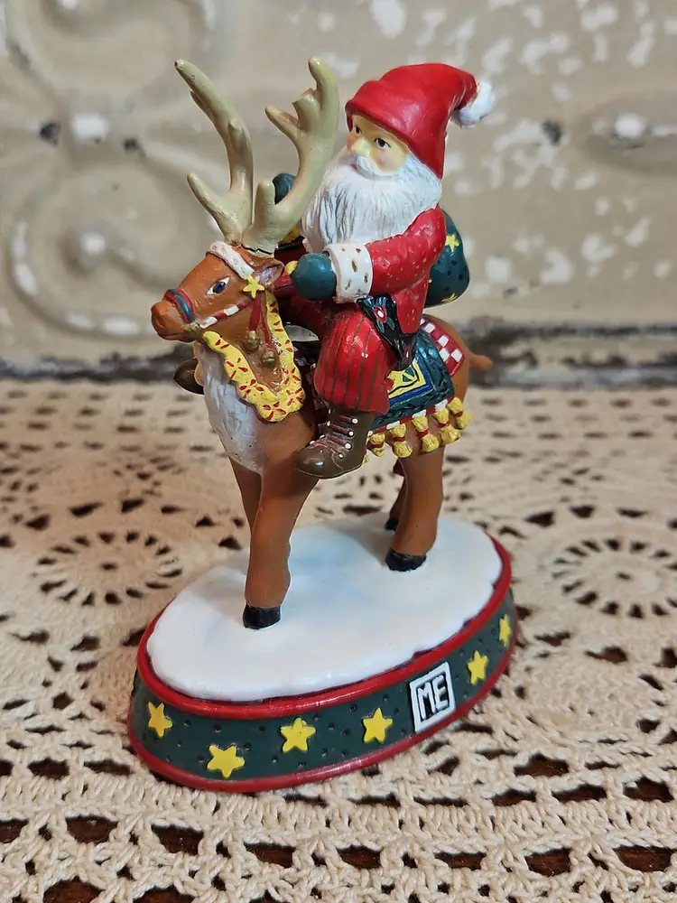 Mary Engelbreit "Jolly Old Saint Nick" Santa Riding a Reindeer Figurine (read)