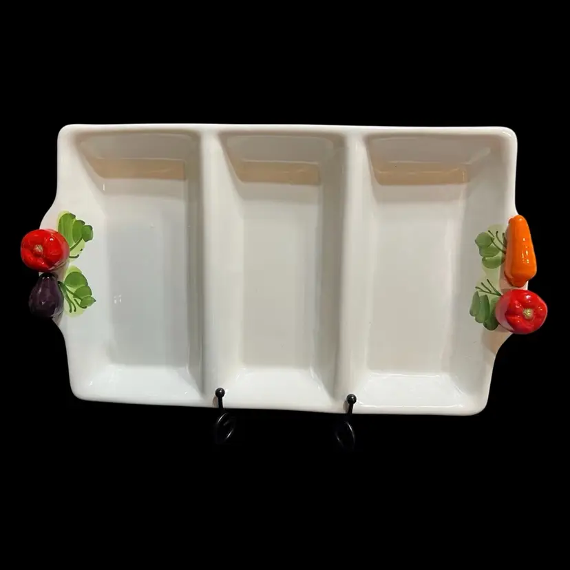 Ceramic Three Part Serving Tray Veggies, Italy ~2” x 13.75” x 7.75”
