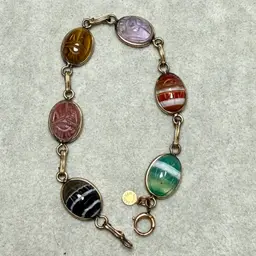 Vintage Ronci Gold Filled 8" Scarab Bracelet Semi Precious Stones Bigger Wrist