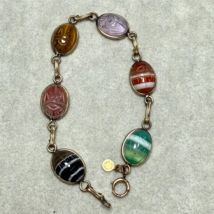 Vintage Ronci Gold Filled 8" Scarab Bracelet Semi Precious Stones Bigger Wrist