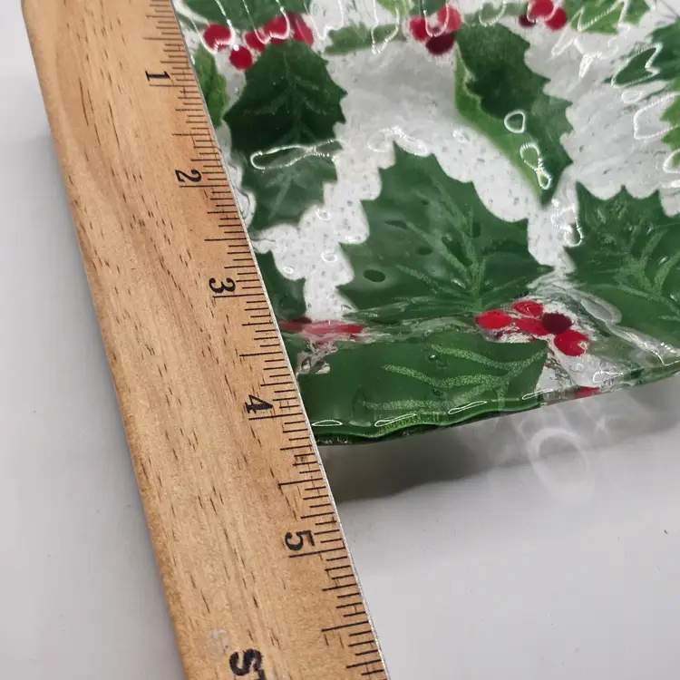 AC Ross Glass Trinket Dish Christmas Holly Berry fused Signed