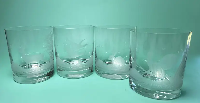 Vintage Riedel Hunt Scene Wild Game Etched Double Old Fashioned Glasses Barware