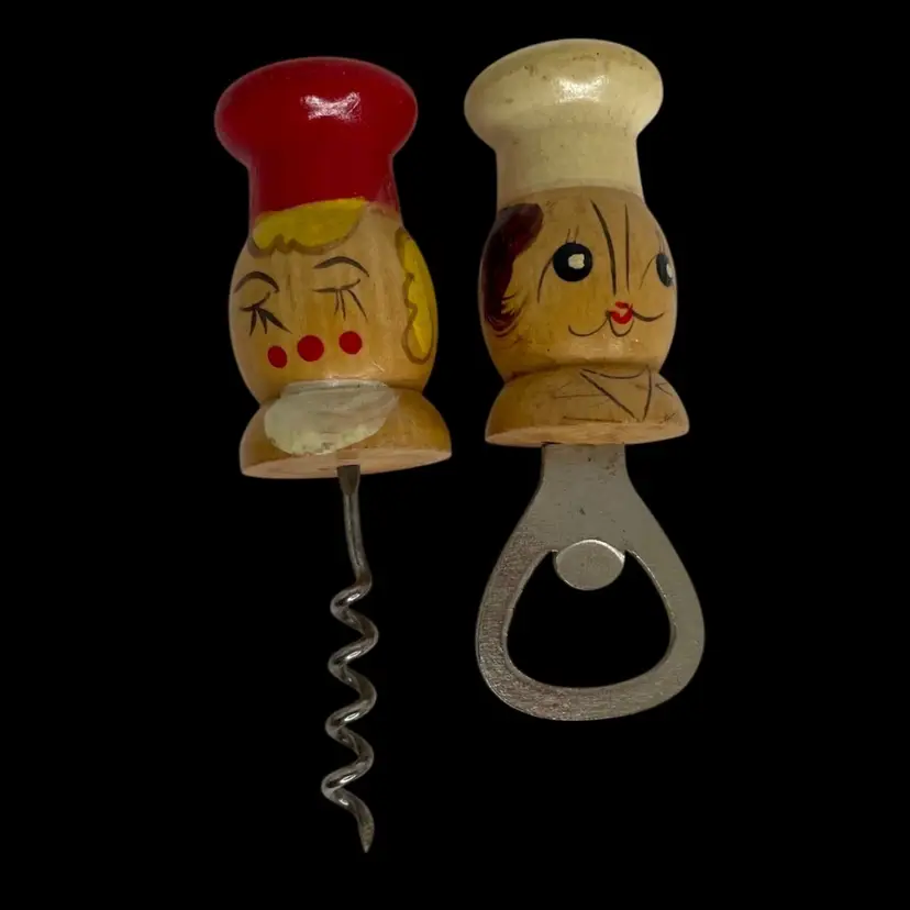 2 Piece Vintage Wooden Bar Set Corkscrew & Bottle Opener Figural Chefs Kitschy