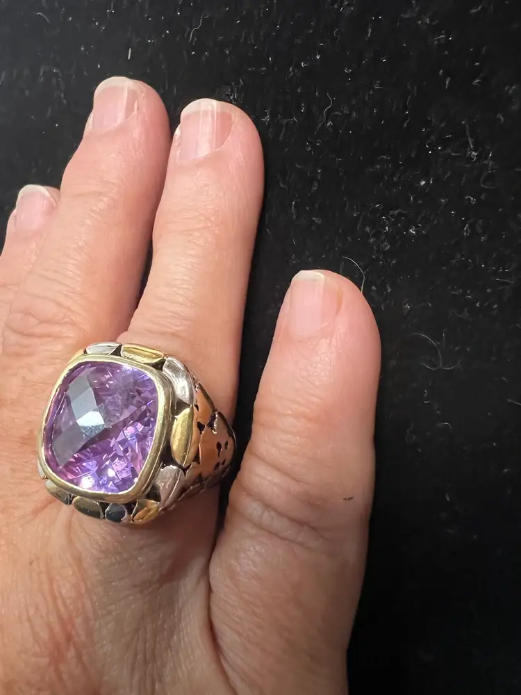 CZ Amethyst Ring. Signed 18KGE .  GOLD & SILVER TONED. Size 8.75/9