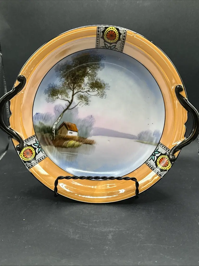 Vintage Or Antique Noritake M Bowl TREE Lake Scene Hand Painted Japan GOLD GILT