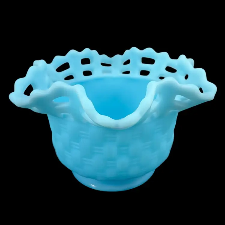 Fenton Satin Blue Glass Basket Weave With Open Lace Edge Bowl, Fenton Satin Blue Glass Basket Weave Vase