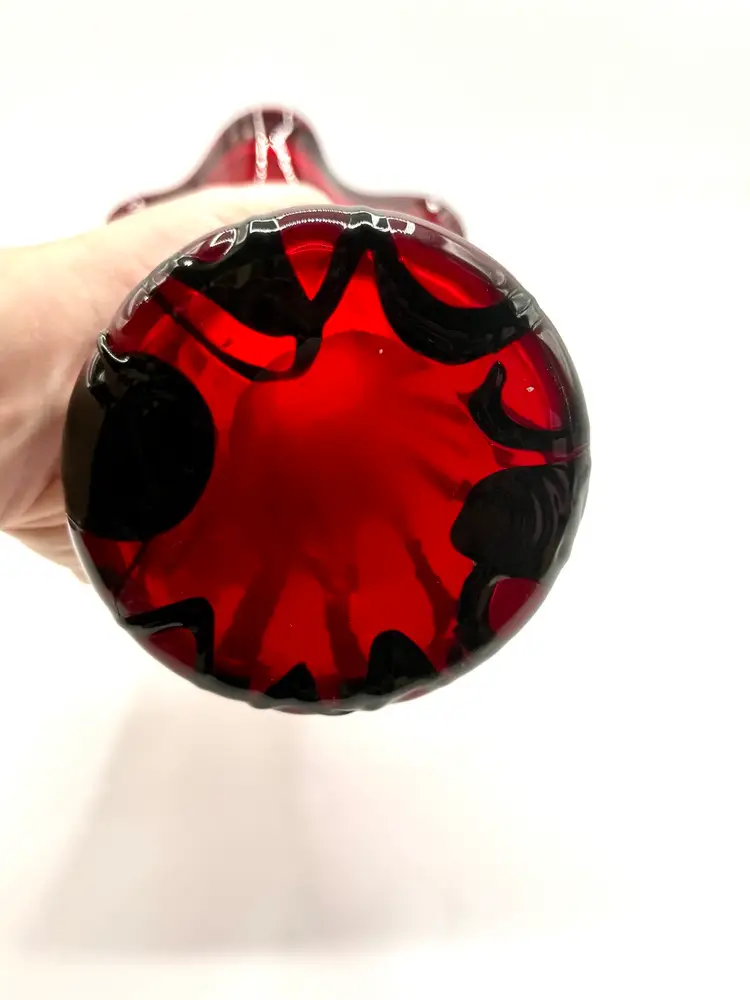 Hand Blown Red And Black Art Glass Ruffle Top Vase.