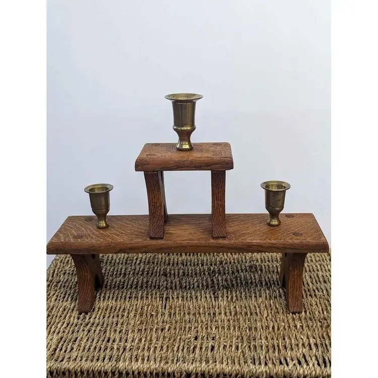 Handmade wood and brass two tiered triple taper candle holder