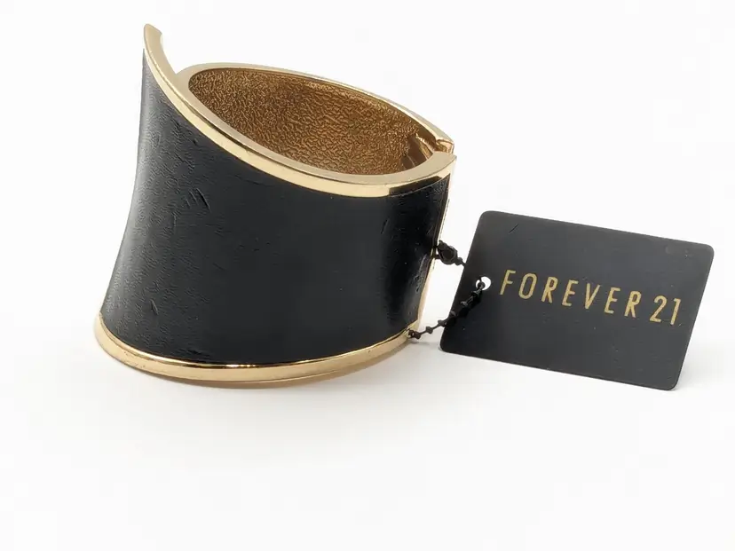 Leather Look with Gold Tone Clamper Bracelet