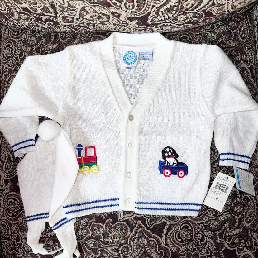 NOS Vintage Infant 24M CC Baby 100% Acrylic Button Up Sweater W/Hat Made In Taiwan Republic Of China
