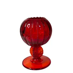 Northwood? Ruby Red Beaded Panel Pedestal Vase/Tea Light Scalloped Edge UV Glow!