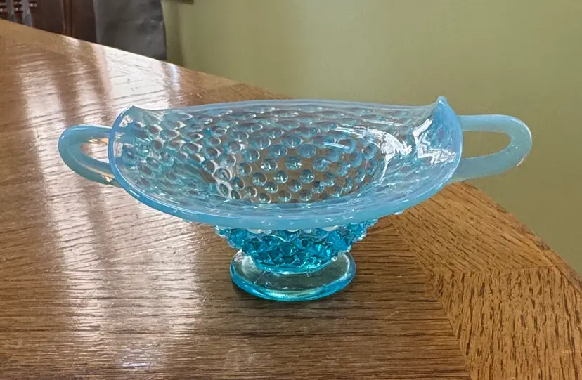 Fenton Blue Opalescent Hobnail Double-Handled Bon Bon Dish 6.25”