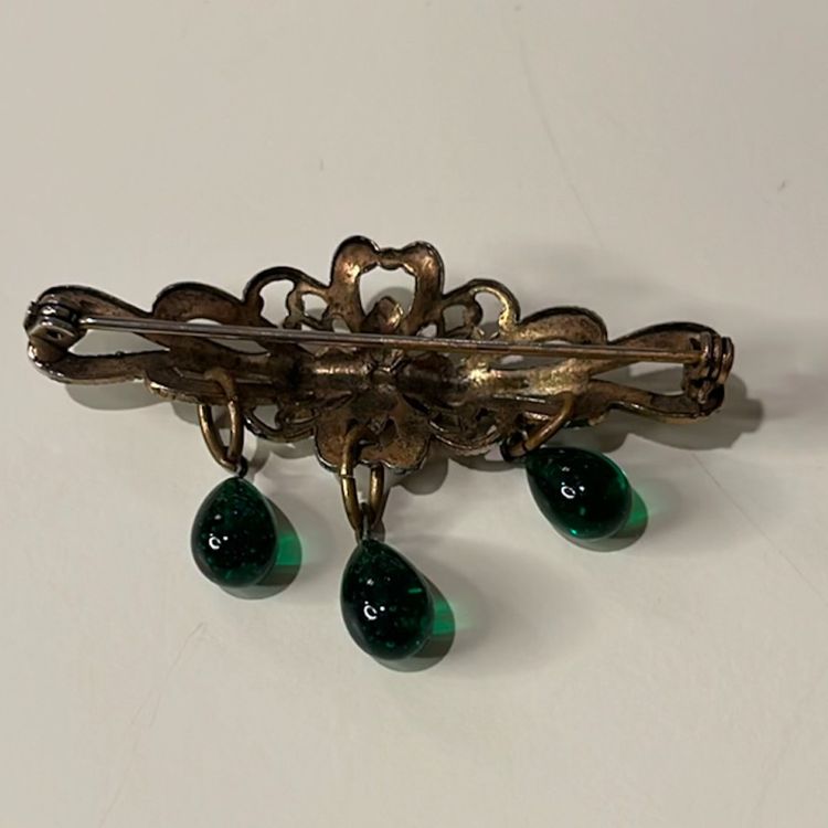 25. Victorian Style Antique Gold Tone, Filigree Brooch With Glass beads