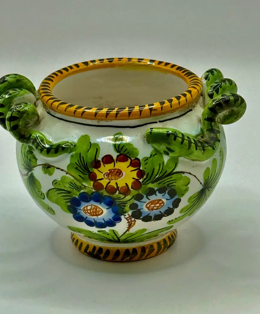Vintage Italian Hand Painted Floral Ceramic Planter, Vintage Folk Art Style With Snake Handles, Artisan Pottery, Signed Made In Italy