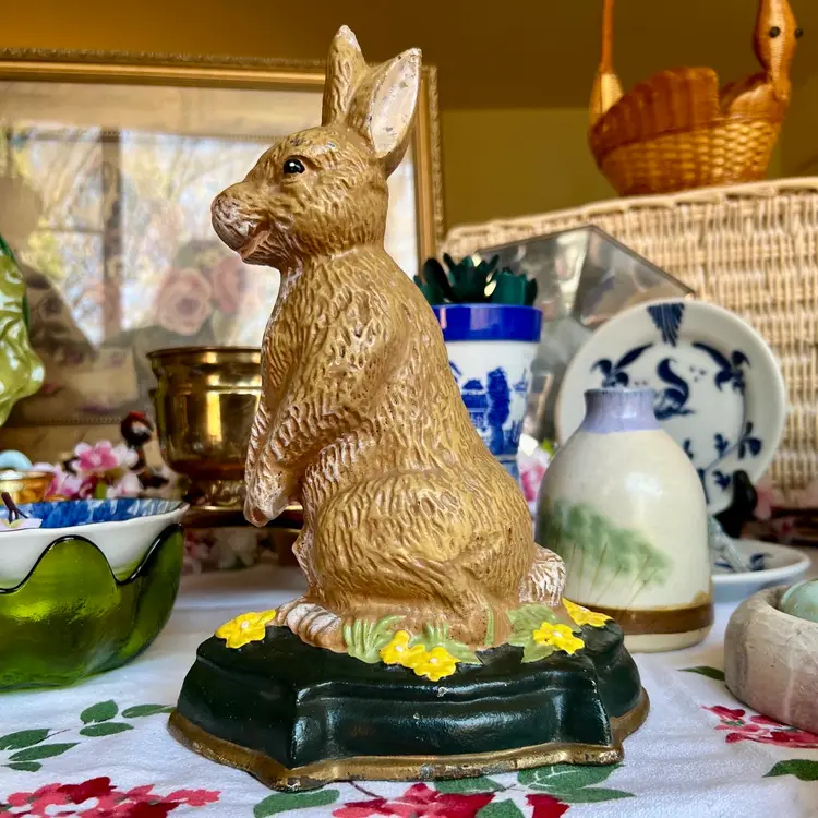 Vintage Cast Iron Hand Painted Bunny Door Stop 10” x 7”