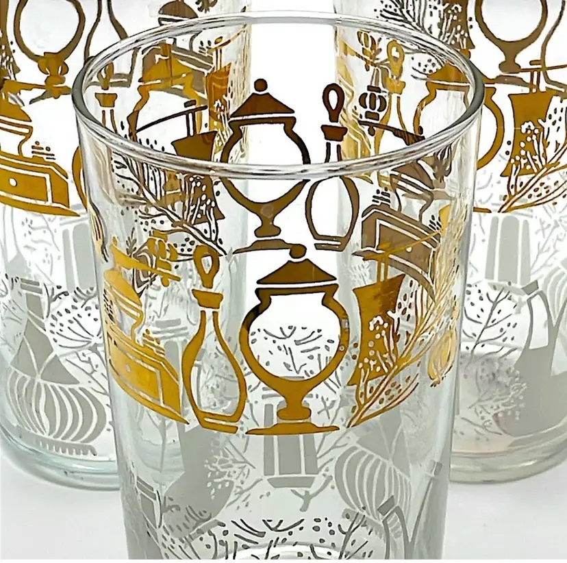 Vintage, MCM, clear, 10 oz glasses with kitchen motif in gold and white