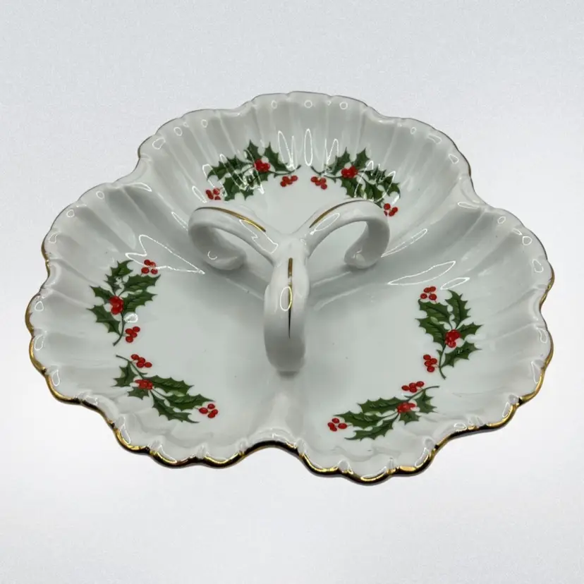 All The Trimmings Christmas Holly 3 Part Relish Dish Made In Japan