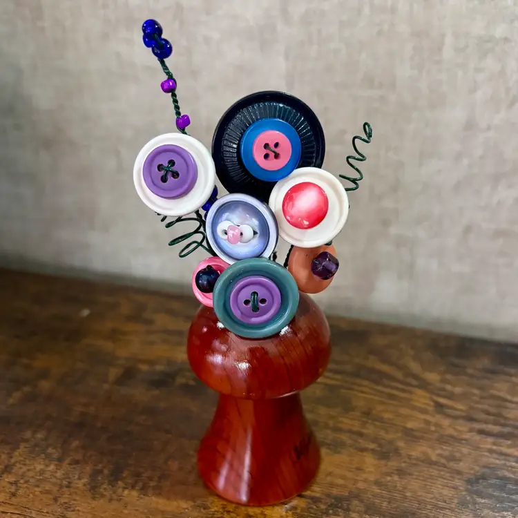 Vintage Button Bouquet In Wooden Mushroom S/P Shaker