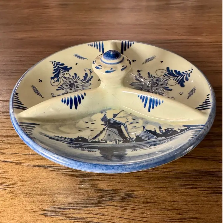 6” Hand Painted Old Delft Holland Vintage Porcelain Divided Candy Plate