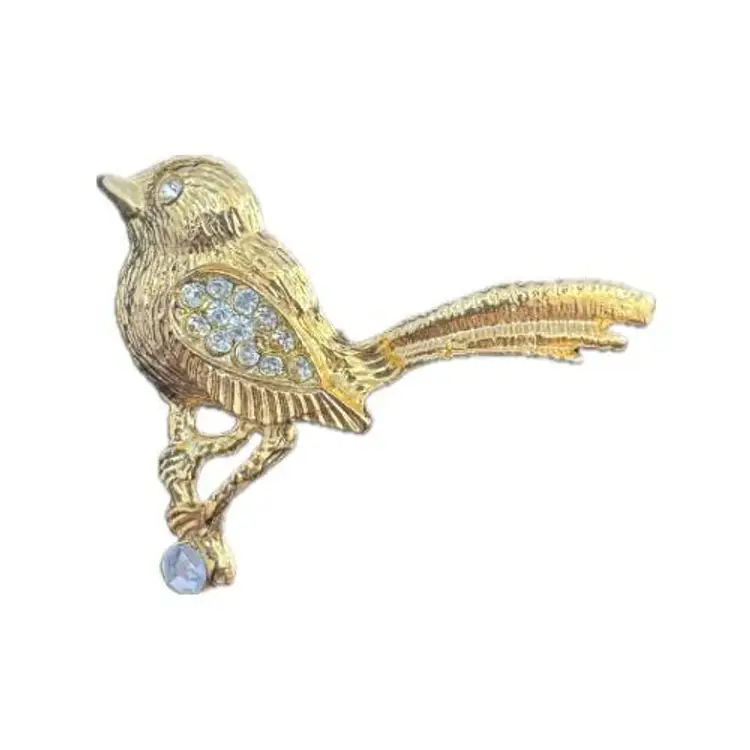 Vintage Gold Tone Rhinestone Bird on Perch