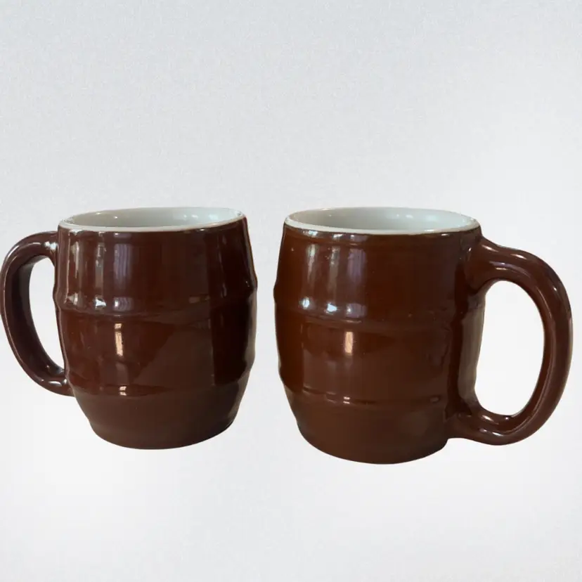 Vintage~ Hall Pottery #536 Brown Barrel 10oz Coffee Mugs - Pair