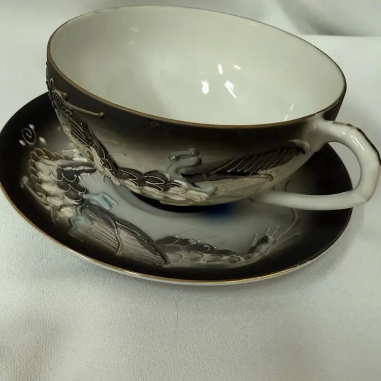 Dragon Ware Cup And Saucer, Moriage, Geisha