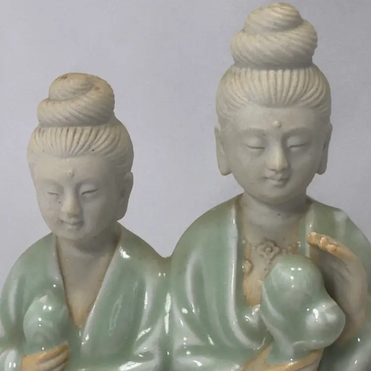 #1785 Vintage Asian Chinese Porcelain Celadon Glaze And Bisque Couple, Man Woman Figurine Statue