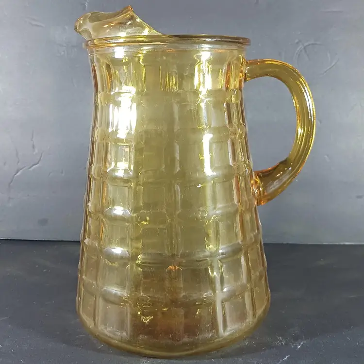 Vintage YELLOW Amber GLASS WAFFLE BLOCK Pattern Water PITCHER with Ice Lip MCM