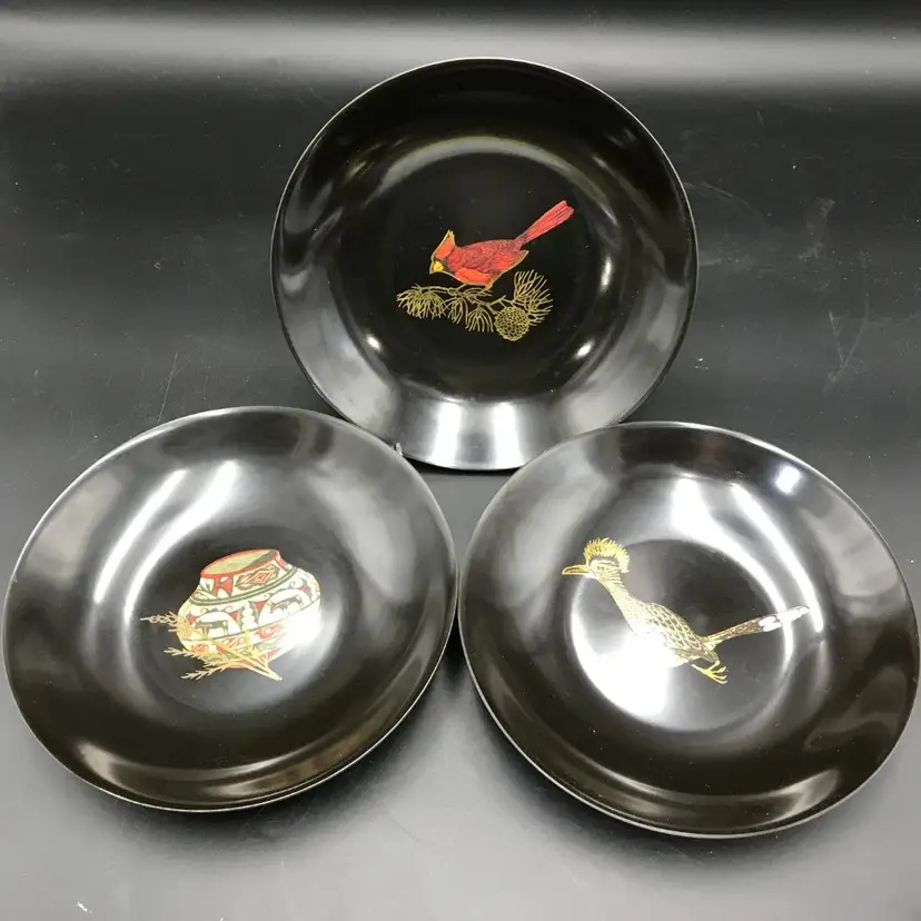 Couroc Set of Three Inlaid Bowls -Road Runner, Southwestern Jar, Cardinal