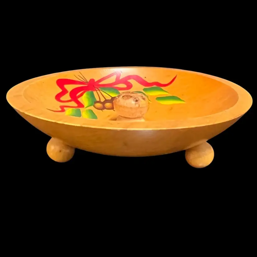 Hand Painted Wood Footed Holiday Nut Bowl- Vintage-9” x 8.5”2.25” high