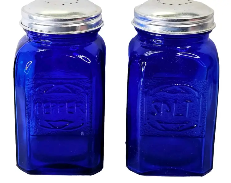 Cobalt Blue Glass Salt & Pepper Shaker Set with Metal Lids Depression VTG MCM