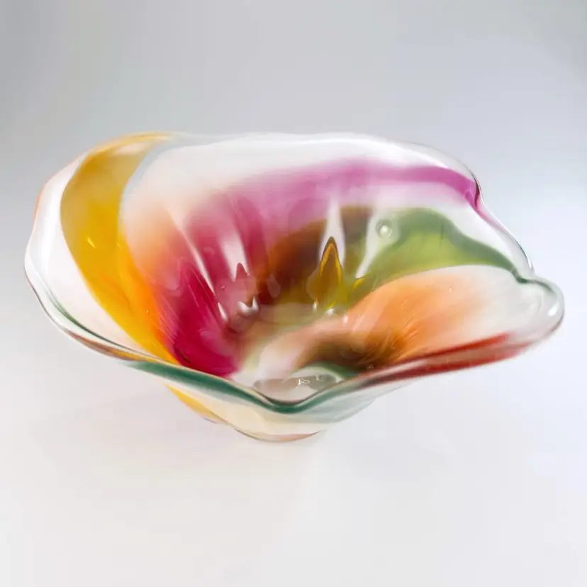 Cindy McQuade Art Glass Studio Hand Blown Footed Bowl Colorful Freeform Vtg 2005