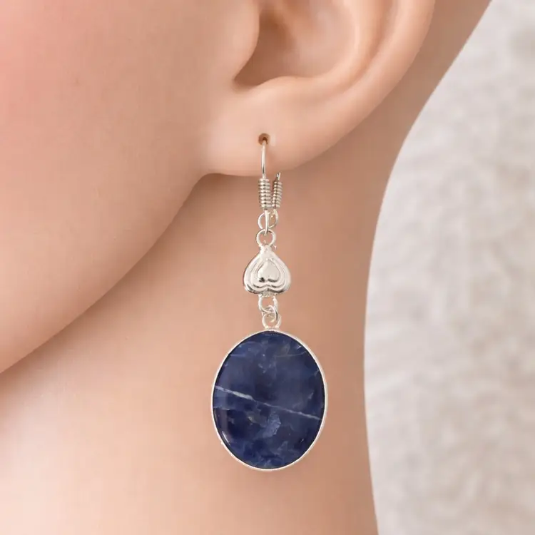 Sodalite Blue Drop Earrings Silver Tone Oval Gemstone Dangle Heart Detail Boho