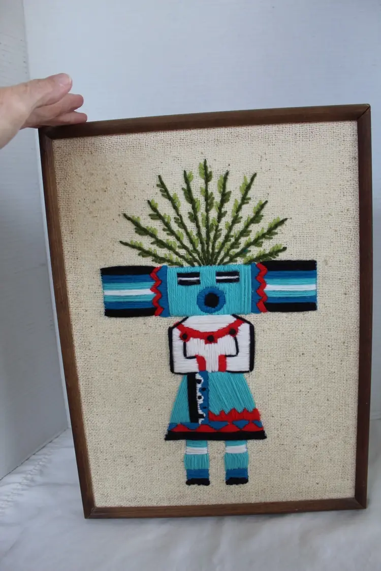 Vintage 1970s Hemis Kachina Crewel Embroidery on Burlap