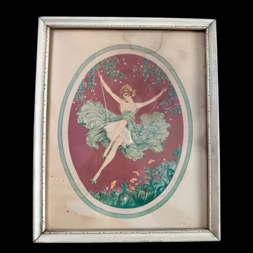 Antique THE SWING, MARCEL LE BOULTE 8”x10" Framed Lithograph Print Boudoir, READ
