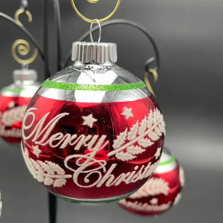 Shiny Brite by Radko Merry Christmas Glass Ornaments Set of 4 Flocked Stenciled