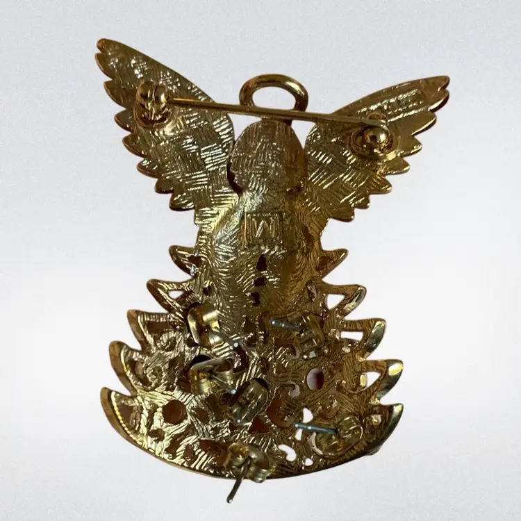 Weingeroff Gold Tone Filigreeand Enamel Angel Brooch With 3 Pairs Of Stud Earrings Forming The Color In Her Skirt