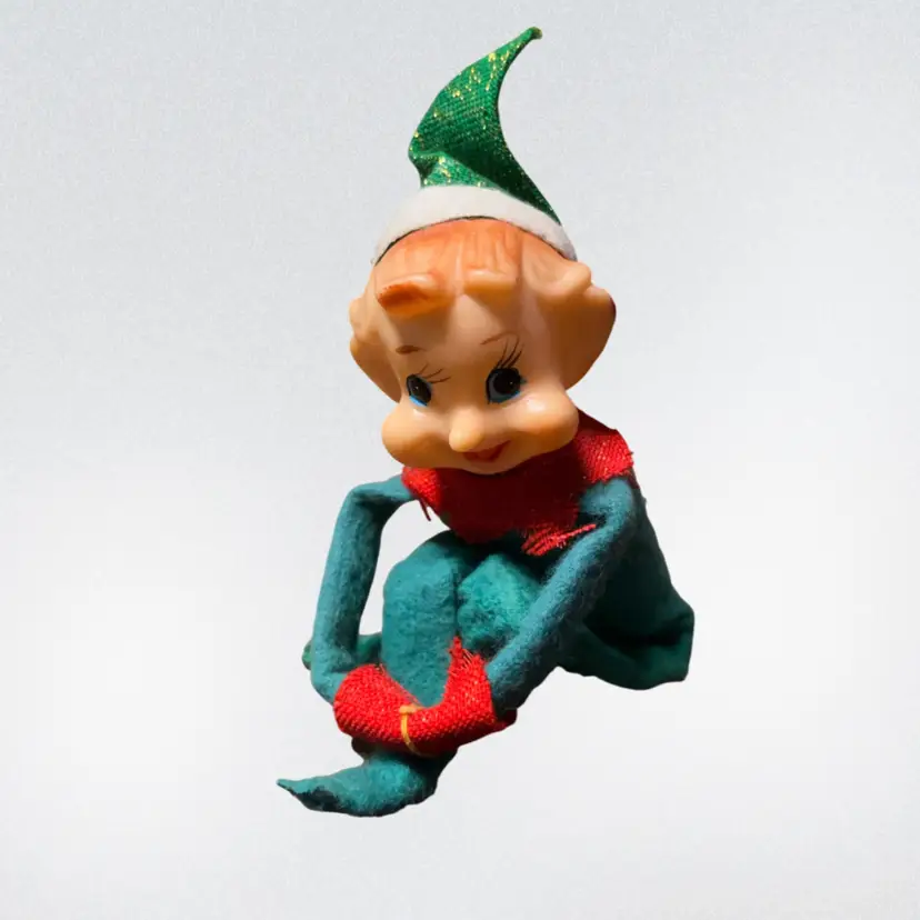 01. BANGER Vintage 1960s 60s Made in Japan Green Burlap & Pixie Knee Hugger Elf - Shelf Sitter Doll - Christmas Ornament Decoration Mid Century