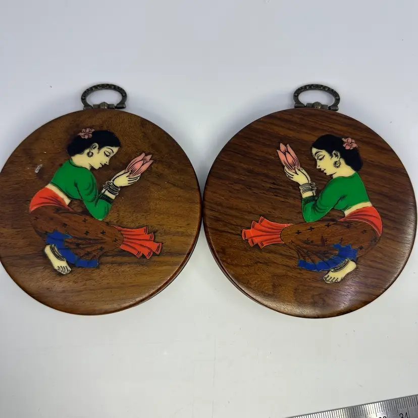 Round Wooden Wall Plaques With Hand Painted Lady’s Set/2