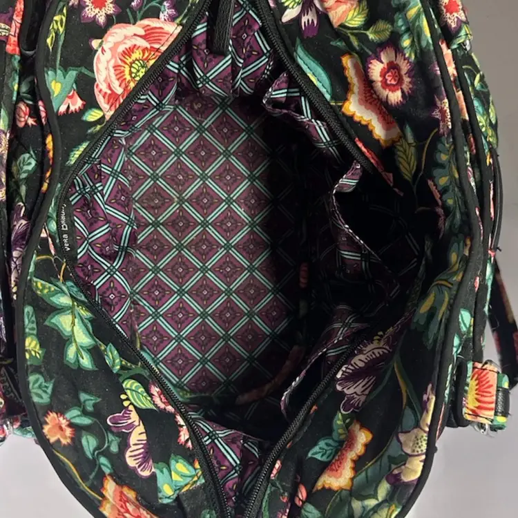 VERA BRADLEY Hadley EAST WEST Tote VINES Black Teal FLORAL Retired